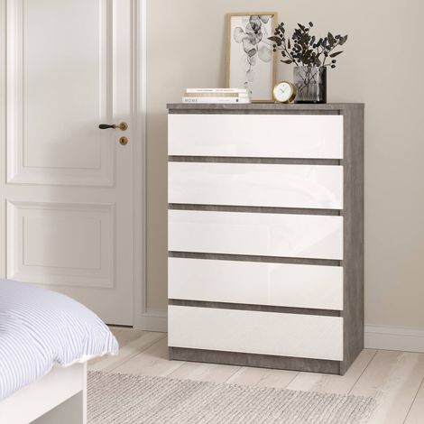 Dmora - Cajonera Ansel, Cómoda multiusos, Cómoda de dormitorio, Gabinete con cajones, 77x50 h111 cm, Cemento y Blanco brillante (1/5)