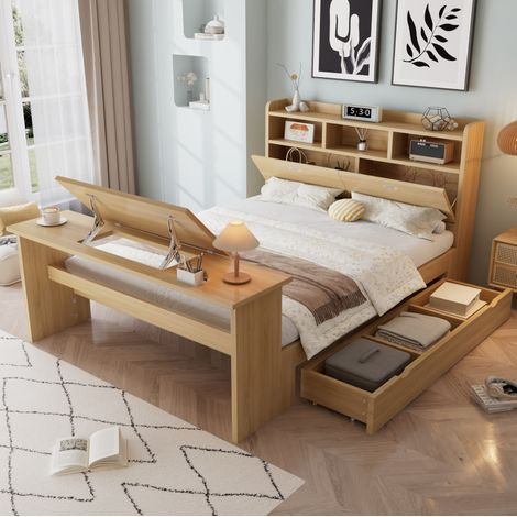 Letto 140x200 cm con contenitore, libreria testiera, cassetto e tavolo pieghevole OKWISH (1/5)