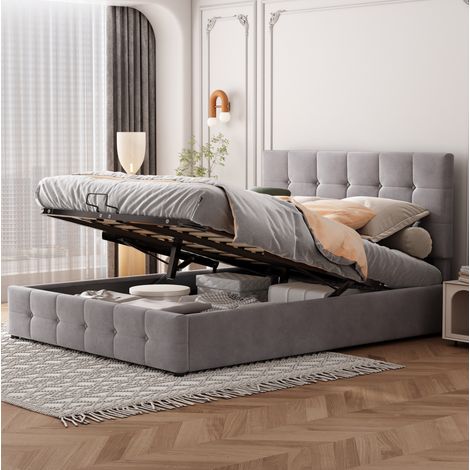 Cama dormitorio tapizada con almacenaje hidráulico gris OKMYHOME (1/5)