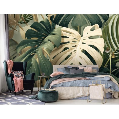 Fototapete Blätter Monstera Grün, für Wohnzimmer und Schlafzimmer, 150 x 105 cm – Komplettset inkl. Kleister & Anleitung (1/5)