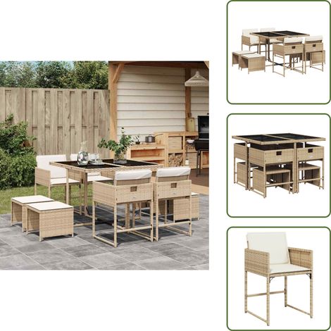 The Living Store 9-tlg. Garten-Essgruppe mit Kissen Beige Poly Rattan - Gartenmöbel Set - Gartentisch - Gartenstühle - Gartenhocker - Rattan Möbel
