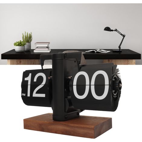 Reloj plegable automático de estilo retro con pantalla digital, mecánico, negro, marco de madera de nogal, PVC, 14 cm x 20,5 cm, para decoración del hogar o la oficina. (1/5)