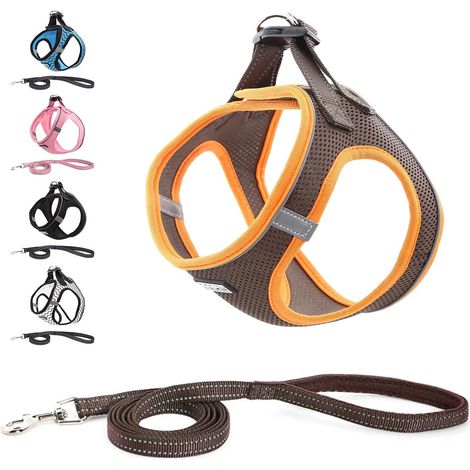 Harnais pour chien avec laisse, harnais de poitrine anti-traction, réfléchissant, pour chiens de petite et moyenne taille, animaux domestiques, chiots, chats (L, marron) (1/2)