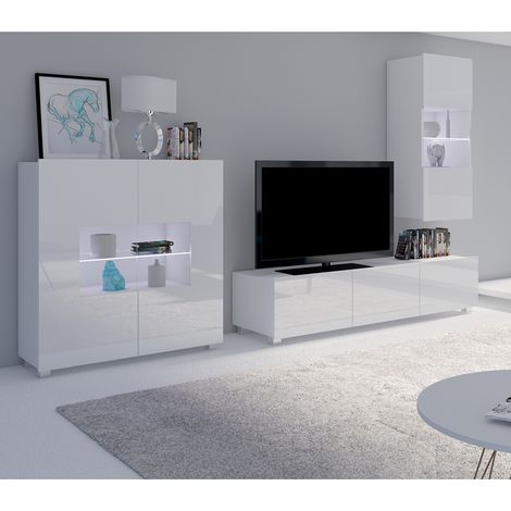 Wohnzimmer Set mit Highboard in weiß Hochglanz mit LED Beleuchtung CAIRNS-132, B/H/T ca. 265/200/43 cm (1/5)