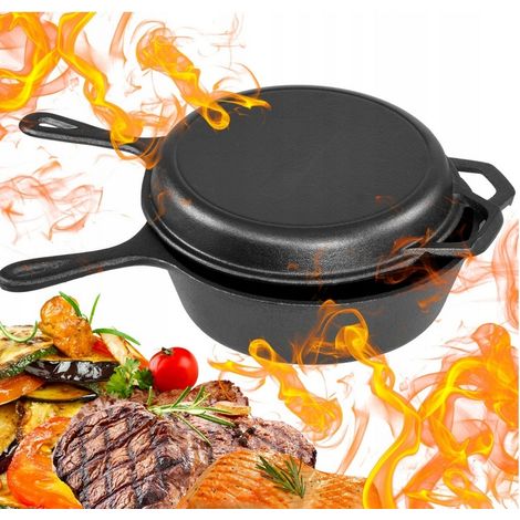 Sartén honda de hierro fundido, cacerola 2 en 1 para inducción, gas, horno, olla de 26 cm.