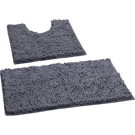 2-teiliges Badematten-Set, extra weiche Plüsch-Duschmatte + U-förmiger Toilettenvorleger. 1 Zoll Chenille-Mikrofasermaterial. Super saugfähig. Maschinenwäsche und -trocknung (Gebogenes Set, Dunkelgrau (1/4)