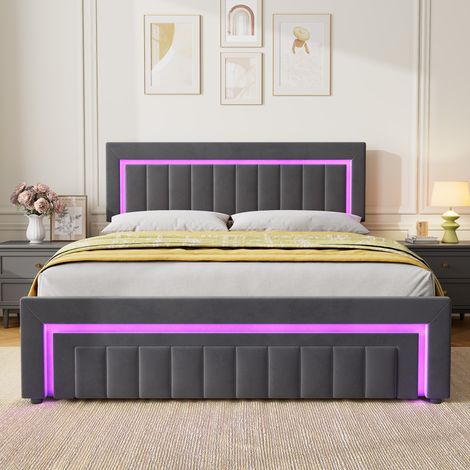 Cama tapizada 160x200 cm con LED regulable, cajones y somier de lamas, terciopelo gris oscuro DESVIAE (1/5)