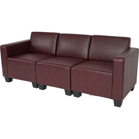 Sofá modular 3 plazas Lyon, polipiel, rojo-marrón