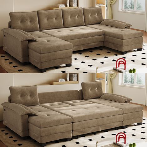 Canapé convertible en U 4 places avec lit gigogne, USB et coussins amovibles, 278 cm, kaki DESVIAE (1/5)