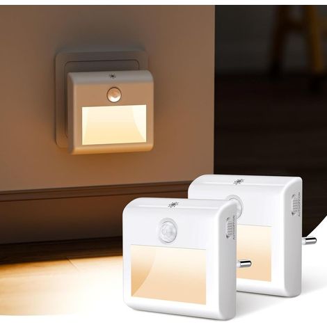 Lot de 2 veilleuses LED à brancher, avec détecteur de mouvement, luminosité réglable, lumière blanc chaud, pour couloir, escalier, chambre et cuisine
