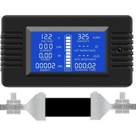 Monitor/misuratore di batteria multifunzione CC, 0-200 V, 0-300 A (ampiamente applicato a batterie per camper/auto da 12 V/24 V/48 V) Display LCD Misuratore digitale di corrente e tensione Misuratore 
