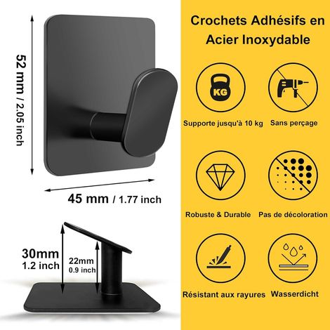 Crochets muraux adhésifs en acier inoxydable noir, porte-serviettes et porte-manteaux, sans perçage, lot de 4 (1/5)