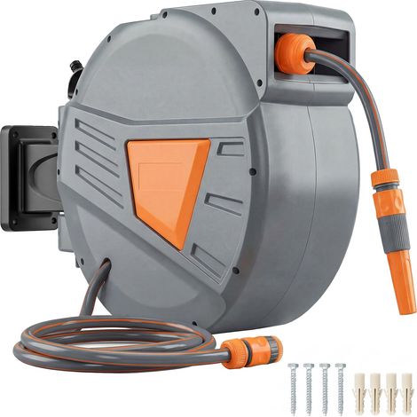 Enrouleur de tuyau rétractable de 30+2 mètres avec buse à double mode, verrouillage automatique et fonction de rétraction contrôlée, support orange. (1/5)