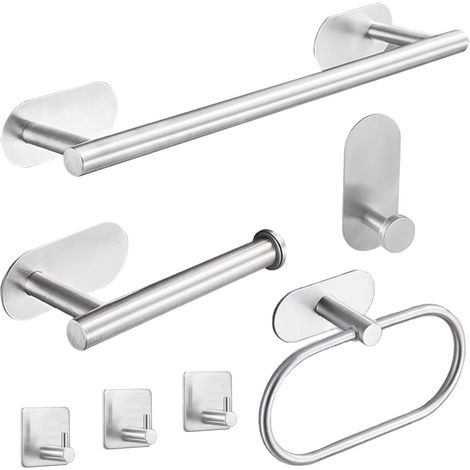 Ensemble D'accessoires de Salle de Bain, 7 Pièces sans Perçage Porte Serviette de Salle de Bain, Anneaux Porte-Serviettes en Acier Inoxydable Noir, Support Papier Toilette Adhésifs Noirs (1/5)