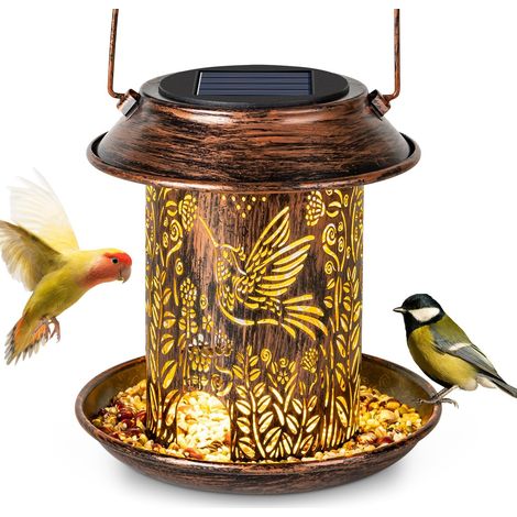 APEX Mangeoire Oiseaux Exterieur,Lanterne Solaire Décoration de Jardin Étanche Maison Oiseaux en Métal,Nichoir Oiseaux avec Lampe Solaire