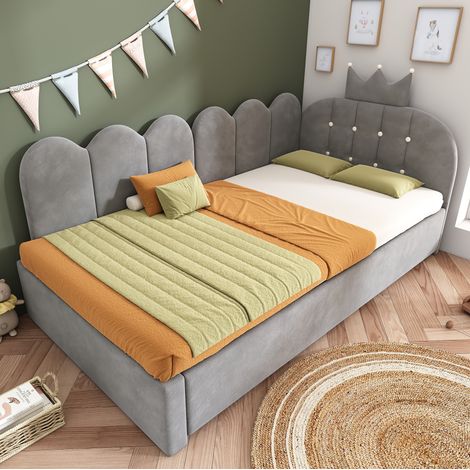 Cama banqueta 90x200 cm con cama nido, L, terciopelo gris, diseño corona, REDOM (1/5)