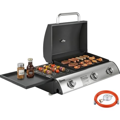 Barbecue a gas a 3 bruciatori da 7,5 kW con piastra di cottura piatta, ripiano laterale convertibile e termometro, nero.