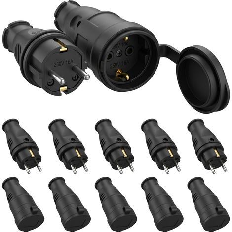 Lot de 10 Connecteurs Schuko,5 Pièces Kit Fiche Mâle + 5 Pièces Prise Femelle,Étanche IP44,250V 16A Fiche Électrique en Caoutchouc Broche,Jeu de Contacts de Protection Pour Câble de 0,5 à 3 cm² (1/5)
