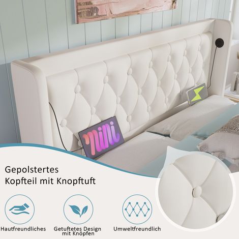 Lit double rembourré 180x200 cm, blanc PU, sommier hydraulique avec rangement, tête de lit matelassée avec port USB-C, éclairage LED 3 côtés, sans matelas (1/5)