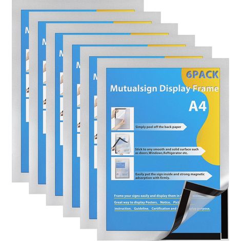 6 Pièces Cadre d'Affichage Magnétique A4, Autocollant, Adhésif pour Signe Enseignes Pochette d'Information avec Fermeture Magnétique (Argent) (1/5)
