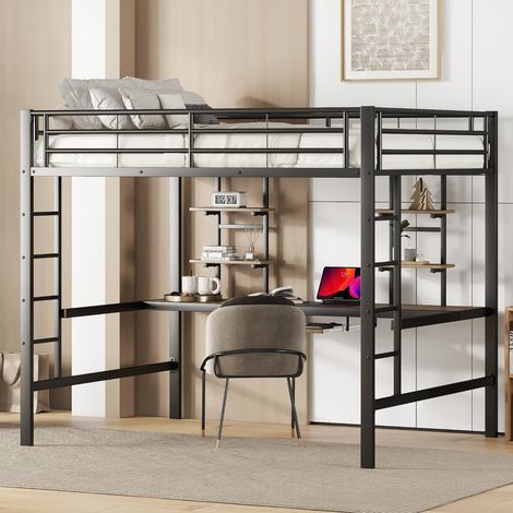 Lit mezzanine métal noir 140x200 cm avec bureau et étagères, pour enfant, ado et adulte (sans Matelas) (1/5)