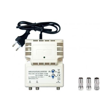 Amplificateur Intérieur UHF 1 entrée 2 sorties Gain 25dB Blanc + 3 Adaptateurs TV Connecteurs F (1 Femelle à F Mâle + 2 Mâle à F Mâle) (1/4)