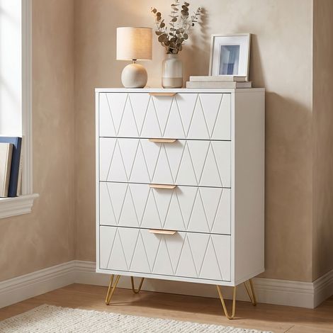 Commode à 4 Tiroirs, 60x34x90cm, Meuble de Rangement avec Dispositif Anti-basculement, Bois et Métal, Style Moderne Luxe, Blanc et Or (1/5)