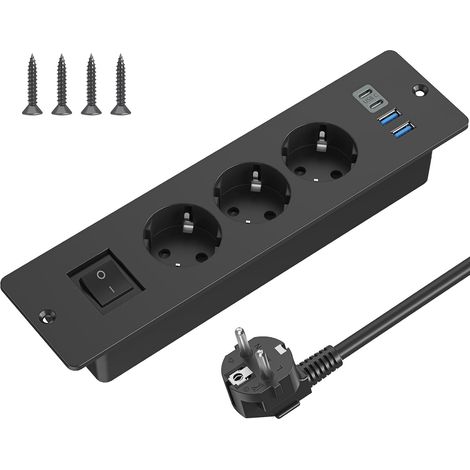 1 Prise Encastrée Pour Table, 3 Voies, Interrupteur, USB-C, USB-A, Câble 2m, Bureau, Conférence