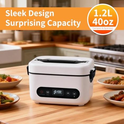 Gamelle Chauffante avec Batterie Intégrée 12000mAh, Lunch Box électrique 1.5L, Bote Repas Chauffante sans Fil avec Minuterie Intelligente, Parfait pour Bureau, Voyage, Camping (Noir/Blanc) (1/4)
