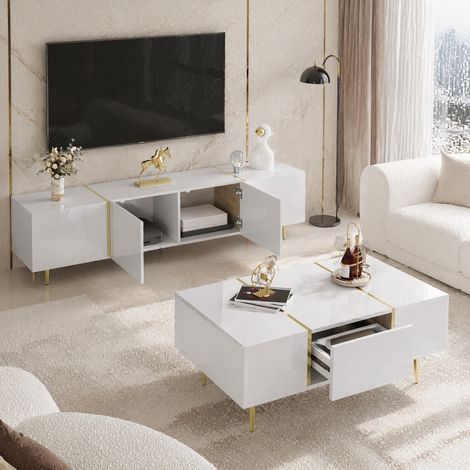 Mueble TV y mesa baja blancos lacados, MDF, 2 piezas DESVIAE (1/5)