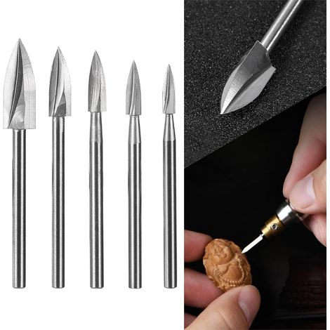 Lot de 5 Forets de Gravure en Acier Rapide, Outils de Sculpture sur Bois et Travaux Manuels, Outil de Travail du Bois avec Tige de 1/8 Pouces, Fixation Universelle pour Outils Rotatifs (1/5)
