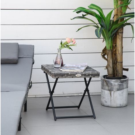 Table basse de jardin en polyrattan gris, carrée, pliable, avec structure métallique (1/5)