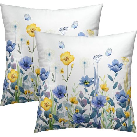Housses Coussin Fleurs Pavot imprimé Recto Verso 40x40cm Bleu Jaune (1/5)