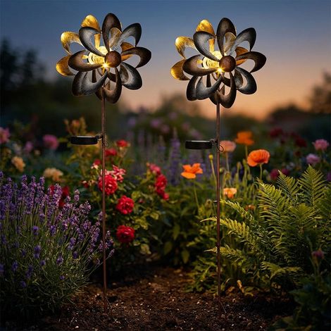 LED Solarlampe Windrad Gartenstecker Außenleuchte Blumen Design Terrassenlampe, Metall gold, silber rost, warmweiß, LxBxH 23 x 12,5 x 92 cm, 2x