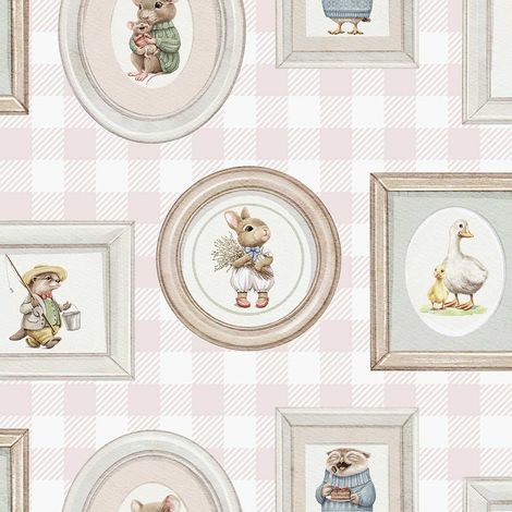 Papier peint portraits animaux vichy rose enfant (1/2)