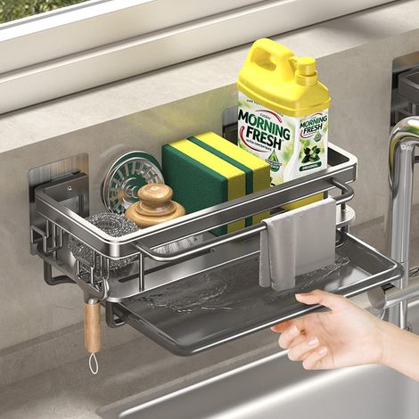 1 Organisateur évier, Acier inoxydable, Bac égouttoir amovible, Sans perçage, Cuisine Salle de bain
