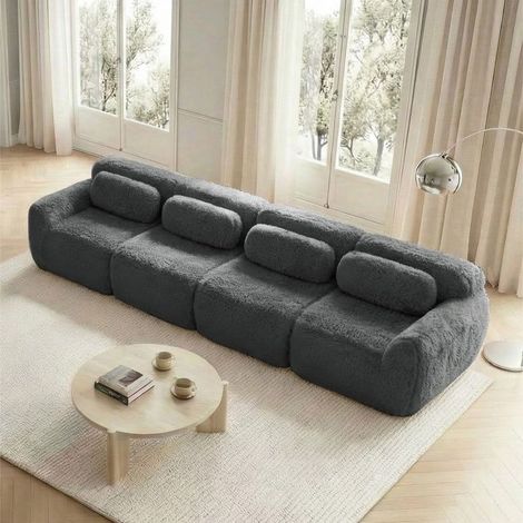 Canapé 4 places avec coussins, tissu peluche haut de gamme, modulable, base antidérapante, ergonomique, gris