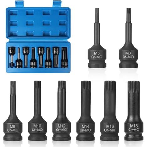 Jeu de 8 Douille XZN 1/2" M5, M6, M8, M10, M12, M14, M16, M18 Coffret Douille Long à Impact avec Boîte, Embouts à 12 Pans en CR-MO (1/5)