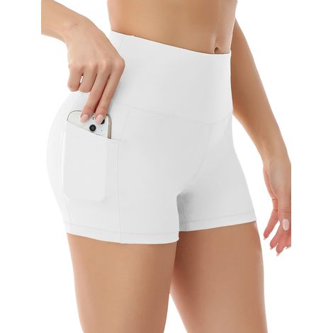 Short de yoga pour femme, poches latérales avec poche pour téléphone, taille haute, idéal pour le yoga et le fitness, pantalon de sport, sous-vêtement, multicolore, blanc, taille M (1/5)