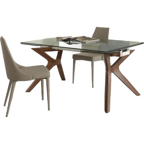 Table de repas extensible Ladyane 160-240cm - Plateau en verre et piétement bois massif noyer (1/5)