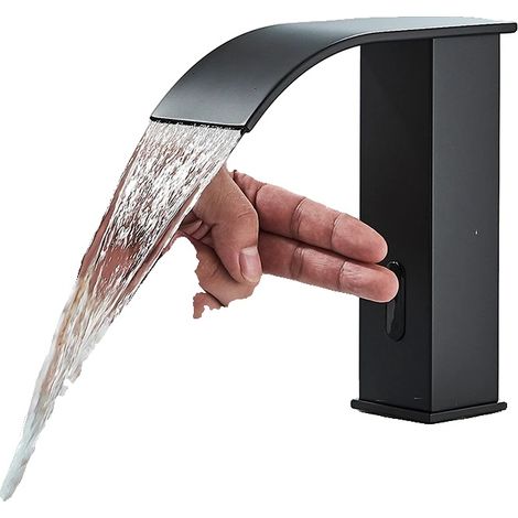 Grifo de lavabo de baño, control automático por sensor, diseño contemporáneo, color negro corto. (1/2)