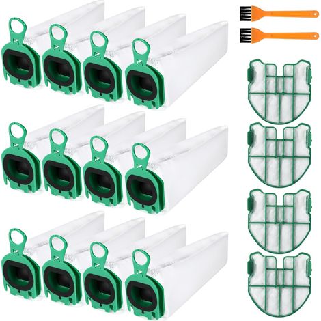 12 Staubsaugerbeutel für Vorwerk Kobold VB100, inklusive 4 Motorfiltern und 2 Bürsten, speziell für Kobold VB100 und FP100 Staubsauger.