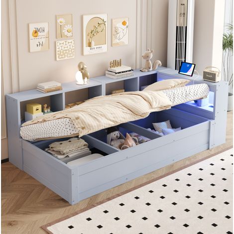 Lit simple 90 x 200 cm avec prise, LED et rangement, gris, OKWISH (1/5)
