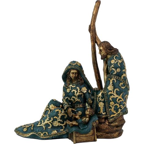 Presepe sacra famiglia seduta in resina verde e oro 34 cm (1/5)