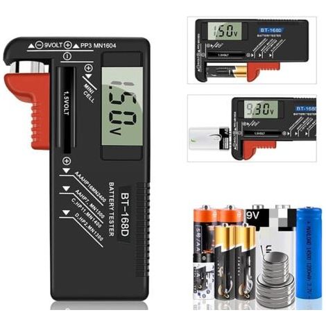 Comprobador de batería digital, comprobador de batería universal, comprobador de batería, para pilas AA, AAA, C, D, PP3, 9 V, 1,5 V y pilas de botón - Funciona sin pilas (1/5)