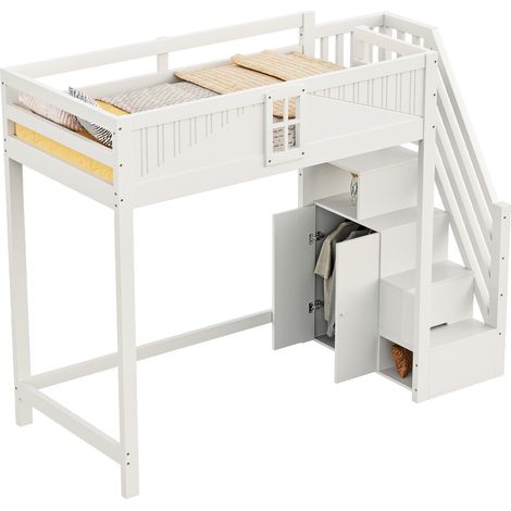 Cama Alta Individual con Ventana, Estantes y Escalera Reversible 90 × 200 cm, sin Colchón, Blanca (1/5)
