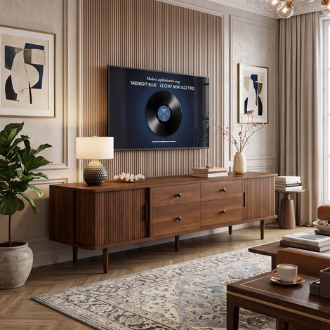 Creahappy Meuble TV 165x40x46 cm - Grand Rangement Salon avec 4 Tiroirs et 2 Portes Coulissantes - Style Moderne Noyer Bois (1/5)
