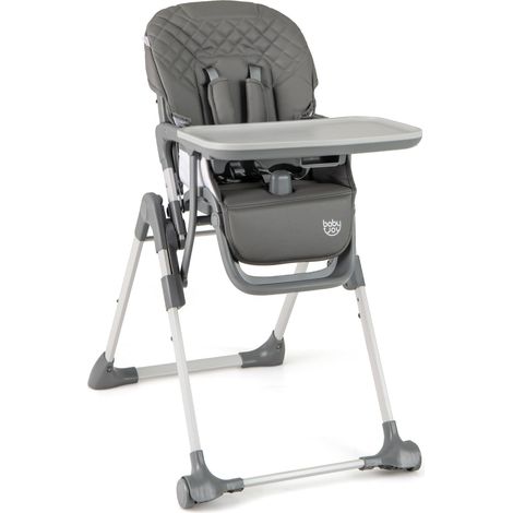 Chaise haute bébé grise pliable avec plateau amovible, repose-pieds, harnais 5 points et roulettes pour repas, jeux et maison (1/5)