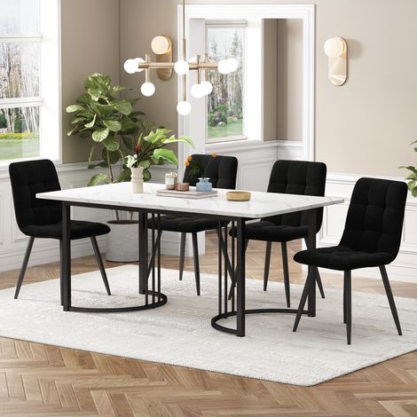 Conjunto de Mesa y 4 Sillas de Comedor, Tablero Efecto Mármol, Patas de Metal, en MDF, Blanco (1/5)