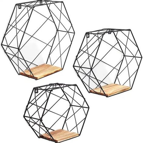Support mural hexagonal - Set de 3 tailles - Grand, moyen et petit - Métal croisé noir - Décoration murale (1/5)